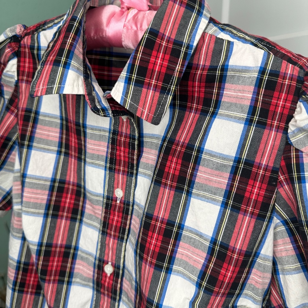 J.CREW womens XS Red holiday TartanPlaid ClassicPuff ShortSleeve Buttons